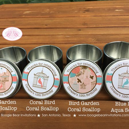 Garden Birds Birthday Party Treat Favor Tins Circle Gift Box Girl Birdcage Cage Outdoor Picnic Forest Boogie Bear Invitations Coralee Theme