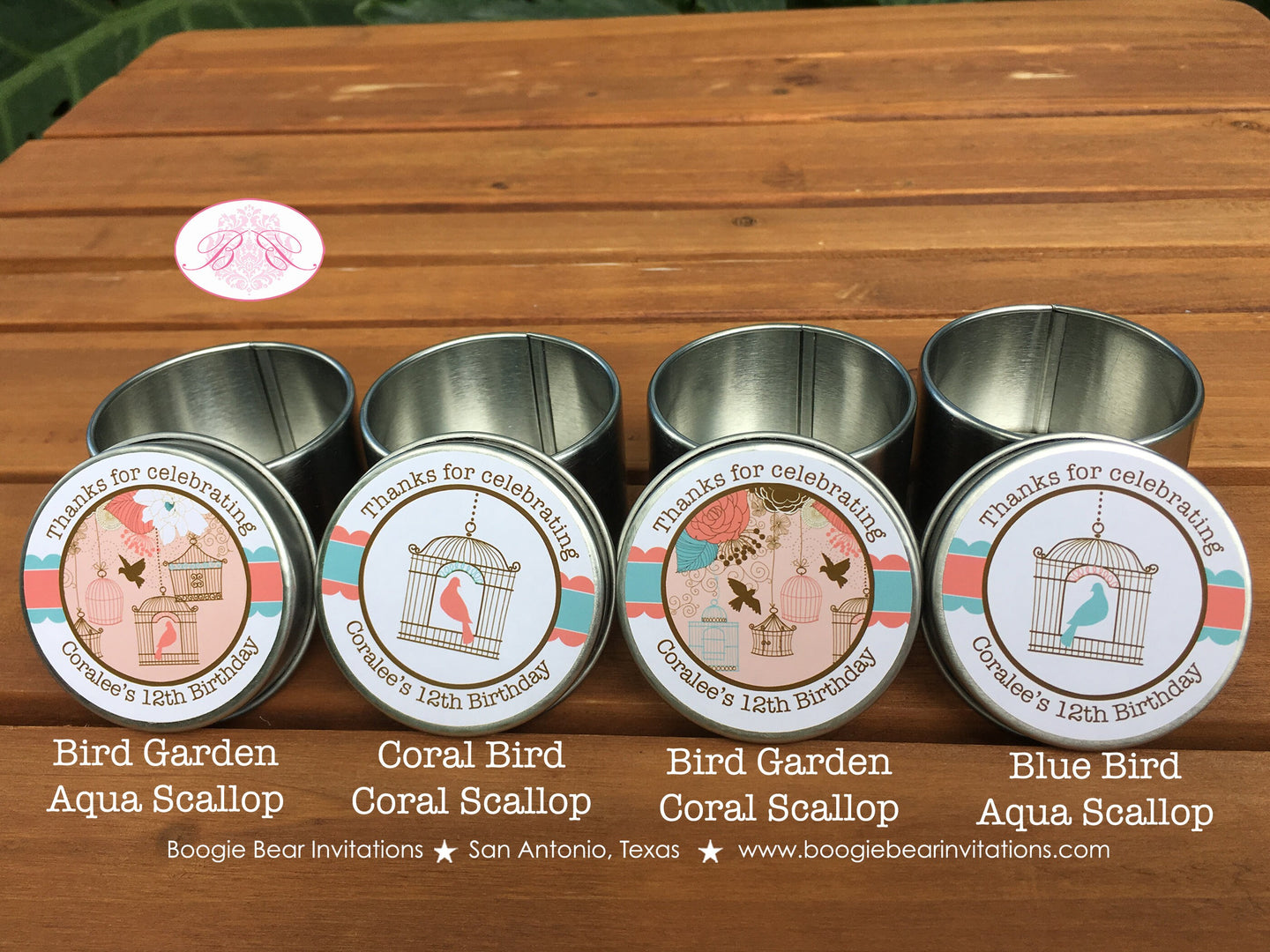 Garden Birds Birthday Party Treat Favor Tins Circle Gift Box Girl Birdcage Cage Outdoor Picnic Forest Boogie Bear Invitations Coralee Theme