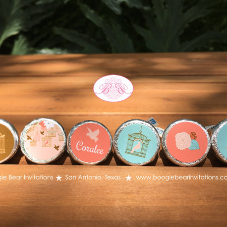 Garden Birds Birthday Party Circle Stickers Sheet Candy Favor Coral Teal Birdcage Forest Cage Flower Boogie Bear Invitations Coralee Theme