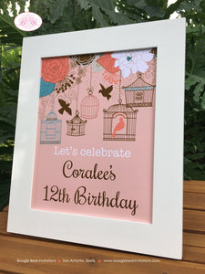 Garden Birds Birthday Party Sign Poster Frameable Girl Birdcage Woodland Forest Outdoor Cage Picnic Boogie Bear Invitations Coralee Theme