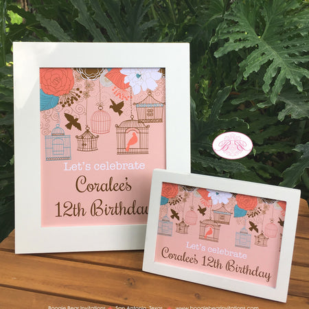 Garden Birds Birthday Party Sign Poster Frameable Girl Birdcage Woodland Forest Outdoor Cage Picnic Boogie Bear Invitations Coralee Theme
