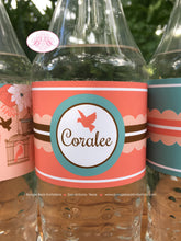 Load image into Gallery viewer, Garden Birds Birthday Party Bottle Wraps Cover Wrappers Label Girl Birdcage Flower Forest Coral Teal Boogie Bear Invitations Coralee Theme