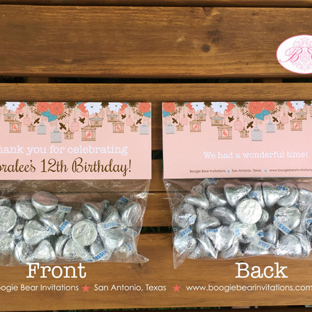 Garden Birds Birthday Party Treat Bag Toppers Folded Favor Label Coral Teal Birdcage Garden Picnic Tag Boogie Bear Invitations Coralee Theme