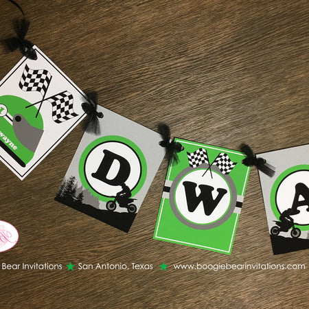 Dirt Bike Birthday Party Name Banner Green Black Grey Boy Girl Enduro Motocross Motorcycle Racing Track Boogie Bear Invitations Dwayne Theme