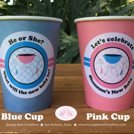 BBQ Reveal Baby Shower Beverage Cups Party Paper Drink Grill Q Pink Blue Boy Girl Barbecue Birthday Boogie Bear Invitations Shannon Theme