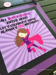 Super Girl Happy Birthday Door Banner Superhero Pink Purple Pow Bam Supergirl Comic Hero Power Flying Boogie Bear Invitations Alayna Theme