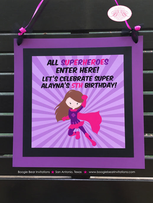 Super Girl Happy Birthday Door Banner Superhero Pink Purple Pow Bam Supergirl Comic Hero Power Flying Boogie Bear Invitations Alayna Theme