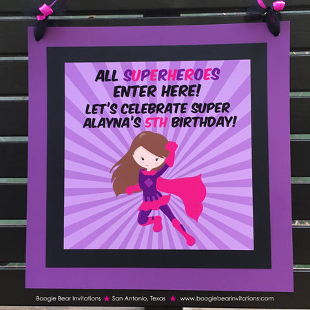 Super Girl Happy Birthday Door Banner Superhero Pink Purple Pow Bam Supergirl Comic Hero Power Flying Boogie Bear Invitations Alayna Theme