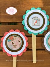 Load image into Gallery viewer, Garden Birds Birthday Party Cupcake Toppers Girl Woodland Birdcage Flower Coral Teal Garden Picnic Set Boogie Bear Invitations Coralee Theme