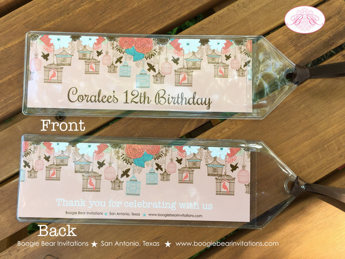 Garden Birds Birthday Party Bookmarks Favor Thank You Girl Coral Teal Birdcage Forest Bird Cage Picnic Boogie Bear Invitations Coralee Theme