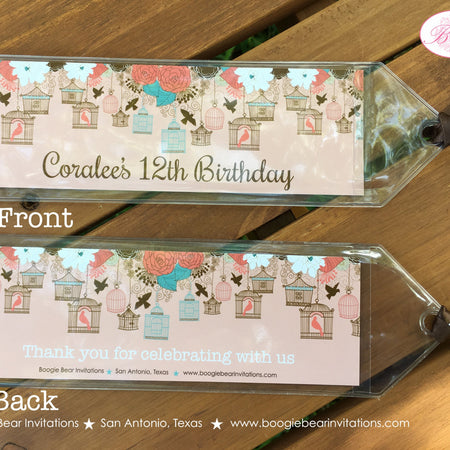 Garden Birds Birthday Party Bookmarks Favor Thank You Girl Coral Teal Birdcage Forest Bird Cage Picnic Boogie Bear Invitations Coralee Theme