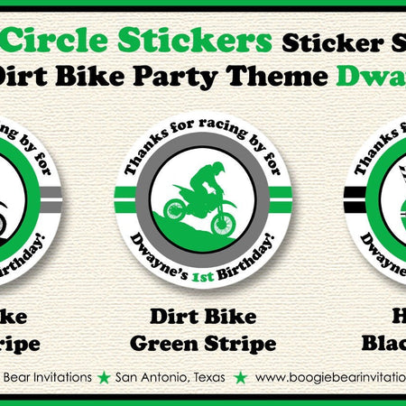 Green Dirt Bike Birthday Party Stickers Circle Sheet Round Boy Girl Enduro Motocross Motorcycle Racing Boogie Bear Invitations Dwayne Theme