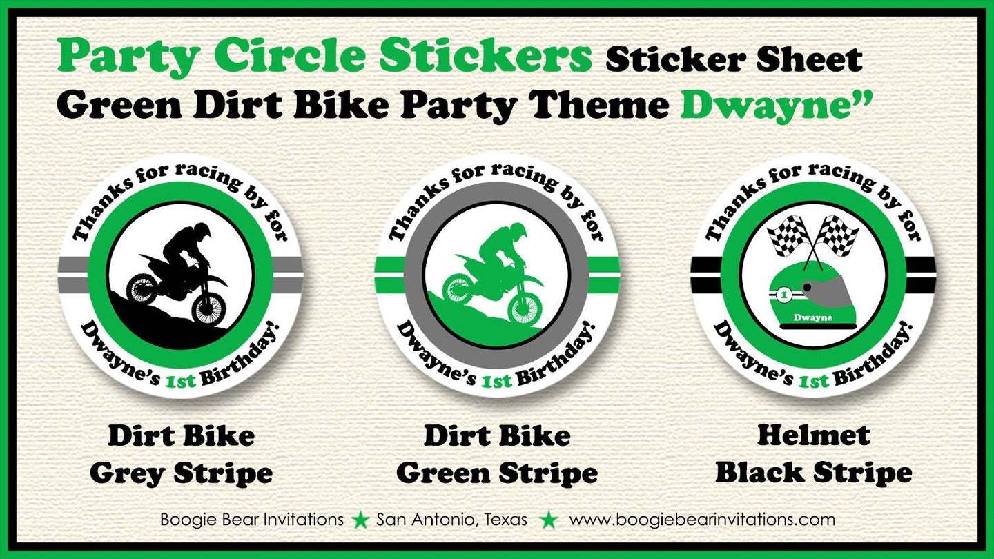 Green Dirt Bike Birthday Party Stickers Circle Sheet Round Boy Girl Enduro Motocross Motorcycle Racing Boogie Bear Invitations Dwayne Theme