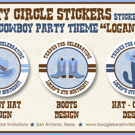Blue Cowboy Birthday Party Stickers Circle Sheet Round Boy Brown Boots Ranch Cowboy Farm Country Horse Boogie Bear Invitations Logan Theme