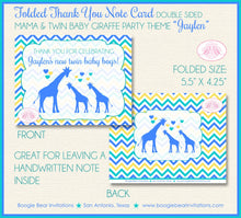 Load image into Gallery viewer, Twin Baby Giraffe Thank You Card Baby Shower Boy Girl Silhouette Blue Yellow Aqua Turquoise Zoo Boogie Bear Invitations Jaylen Theme Printed