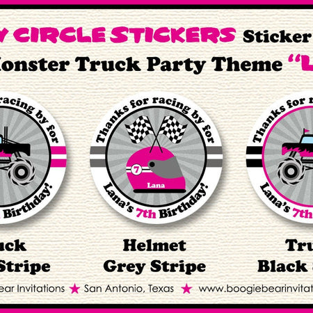 Monster Truck Birthday Party Stickers Circle Sheet Round Girl Pink Black Crash Up Arena Show Smash Demo Boogie Bear Invitations Lana Theme