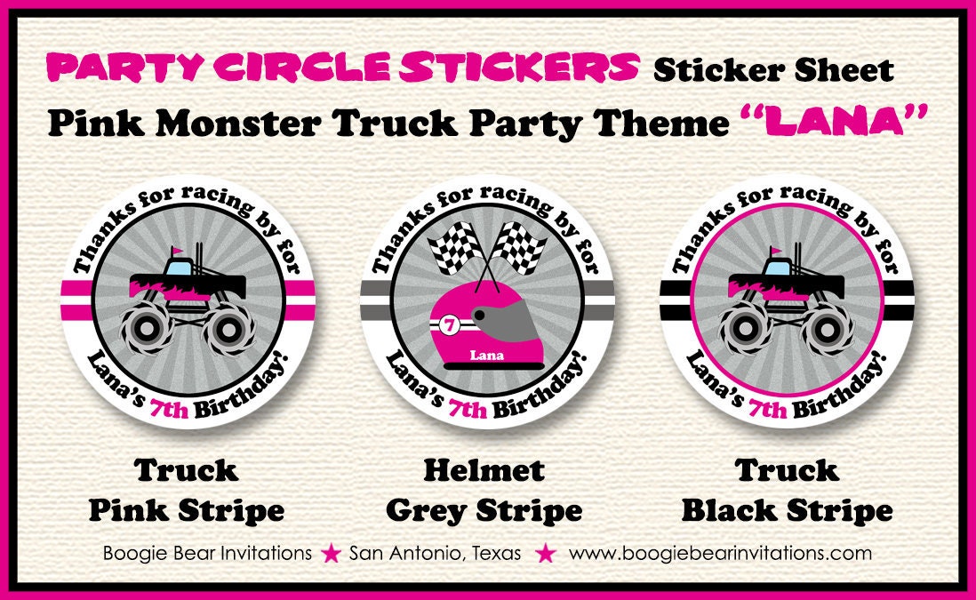 Monster Truck Birthday Party Stickers Circle Sheet Round Girl Pink Black Crash Up Arena Show Smash Demo Boogie Bear Invitations Lana Theme