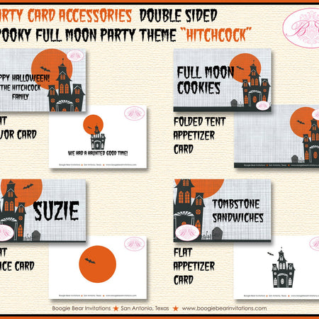 Haunted House Party Favor Card Tent Appetizer Place Food Halloween Full Moon Haunting Orange Boogie Bear Invitations Hitchcock Theme Printed