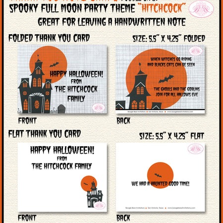 Haunted House Party Thank You Card Halloween Birthday Full Moon Haunting Bats Orange Black Boogie Bear Invitations Hitchcock Theme Printed