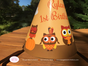 Thanksgiving Owls Birthday Party Hat Girl Boy Fall Autumn Harvest Orange Brown Red Turkey Pumpkin Forest Boogie Bear Invitations Rylan Theme