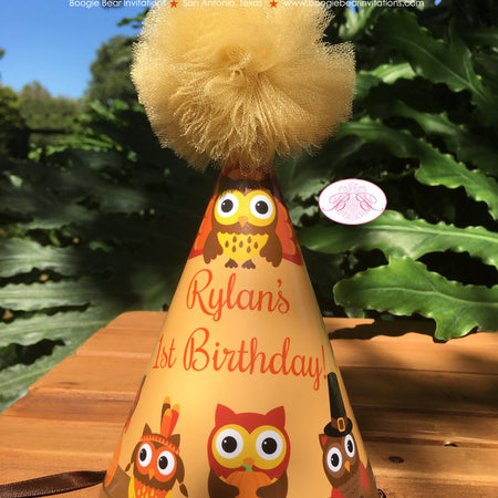 Thanksgiving Owls Birthday Party Hat Girl Boy Fall Autumn Harvest Orange Brown Red Turkey Pumpkin Forest Boogie Bear Invitations Rylan Theme