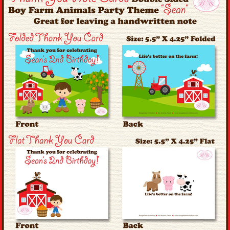Boy Red Farm Birthday Party Thank You Card Animals Barn Tractor Horse Pig Country Sheep Lamb Cow Boogie Bear Invitations Sean Theme Printed
