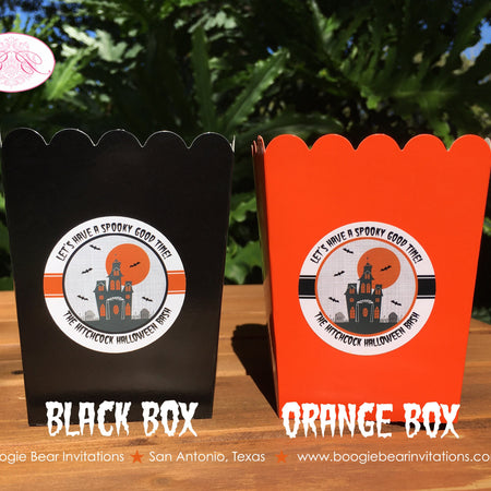 Halloween Party Popcorn Boxes Mini Favor Food Buffet Appetizer Haunted House Orange Black Full Moon Boogie Bear Invitations Hitchcock Theme