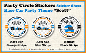 Race Car Birthday Party Circle Stickers Sheet Round Tag Boy Girl Orange Blue Black Pit Crew Racing Track Boogie Bear Invitations Scott Theme