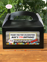 Load image into Gallery viewer, Superhero Birthday Party Treat Boxes Favor Tags Bag Black Red Favor Girl Boy Super Hero Comic Pow Save Day Boogie Bear Invitations Max Theme