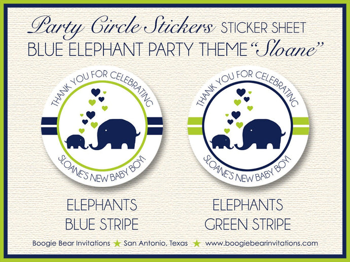 Blue Elephant Baby Shower Party Stickers Circle Sheet Round Circle Boy Girl Navy Lime Green Heart 1st Boogie Bear Invitations Sloane Theme