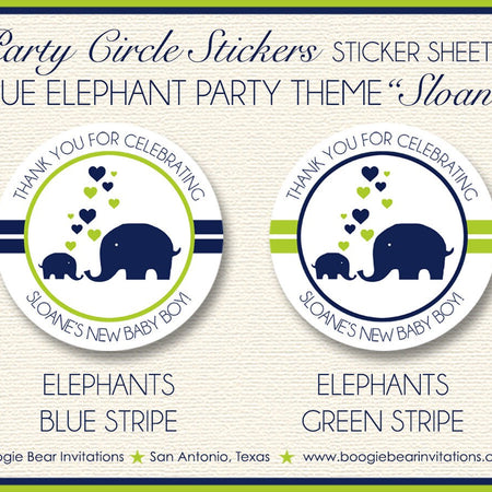 Blue Elephant Baby Shower Party Stickers Circle Sheet Round Circle Boy Girl Navy Lime Green Heart 1st Boogie Bear Invitations Sloane Theme