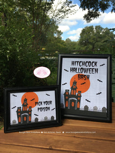 Haunted House Halloween Party Sign Poster Paper Frameable Full Moon Haunting Birthday Orange Black Boogie Bear Invitations Hitchcock Theme