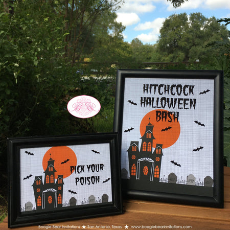 Haunted House Halloween Party Sign Poster Paper Frameable Full Moon Haunting Birthday Orange Black Boogie Bear Invitations Hitchcock Theme