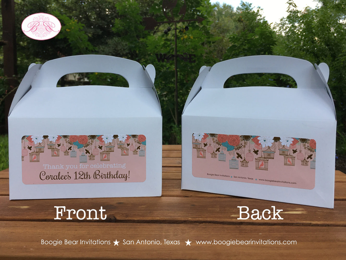 Garden Birds Birthday Party Treat Boxes Favor Tags Bag Coral Teal Birdcage Flower Garden Picnic Cage Boogie Bear Invitations Coralee Theme