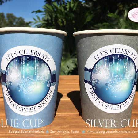 Blue Glowing Ornament Party Beverage Cups Paper Drink Birthday Christmas Winter Sweet Sixteen Snowing Boogie Bear Invitations Krista Theme