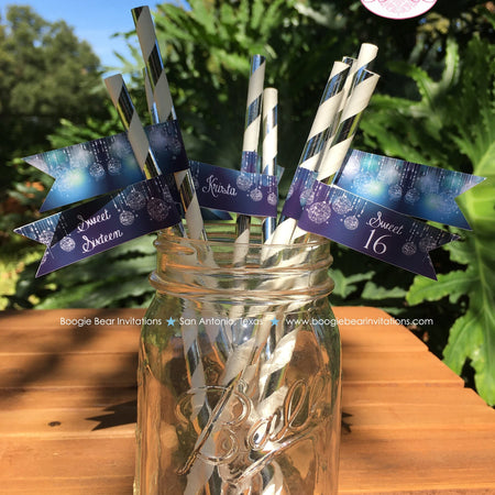 Blue Glowing Ornament Party Straws Paper Pennant Birthday Christmas Navy Sweet Sixteen Snow Star Light Boogie Bear Invitations Krista Theme