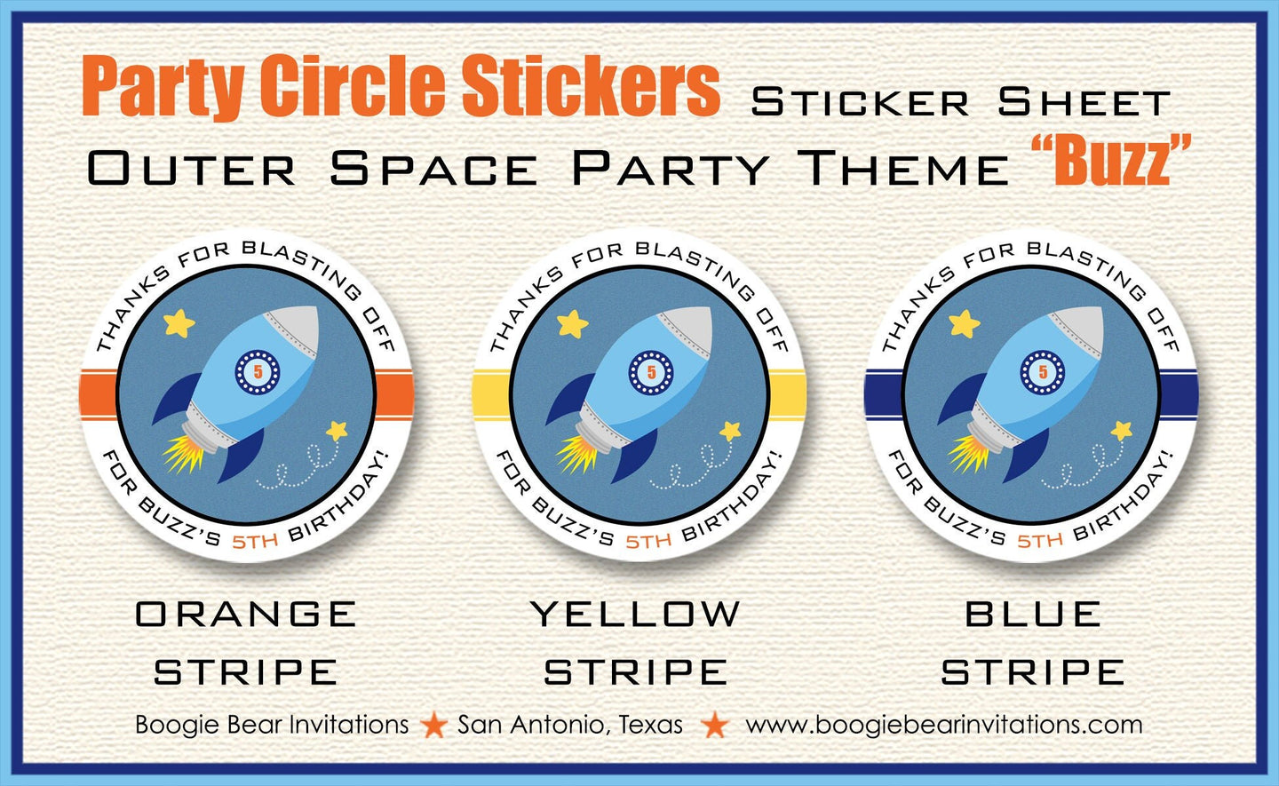 Outer Space Birthday Party Stickers Circle Sheet Round Rocket Ship Orange Solar System Galaxy Rocket Ship Boogie Bear Invitations Buzz Theme