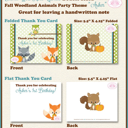 Fall Woodland Animals Party Thank You Card Birthday Owl Squirrel Fox Pumpkin Forest Creatures Boogie Bear Invitations Asher Theme Printed