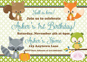 Fall Animals Birthday Party Invitation Pumpkin Boy Girl Fox Woodland Forest Boogie Bear Invitations Asher Theme Paperless Printable Printed