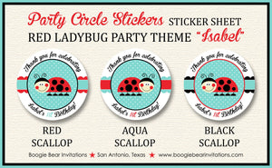 Red Ladybug Birthday Party Stickers Circle Sheet Round Girl Aqua Black Lady Bug Polka Dot Picnic Flower Boogie Bear Invitations Isabel Theme