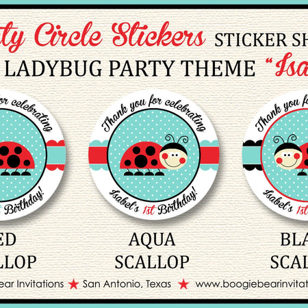 Red Ladybug Birthday Party Stickers Circle Sheet Round Girl Aqua Black Lady Bug Polka Dot Picnic Flower Boogie Bear Invitations Isabel Theme