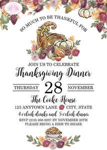 Thanksgiving Dinner Party Invitation Cornucopia Bounty Horn of plenty Lunch Floral Formal Brunch Boogie Bear Invitations Cooke Theme Printed