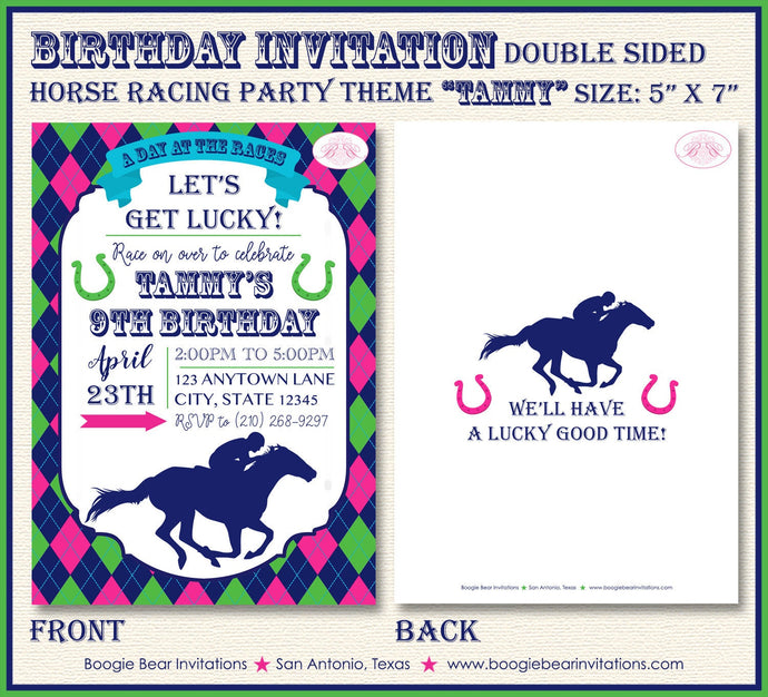 Horse Racing Birthday Party Invitation Pink Green Girl Kentucky Derby Track Boogie Bear Invitations Tammy Theme Paperless Printable Printed