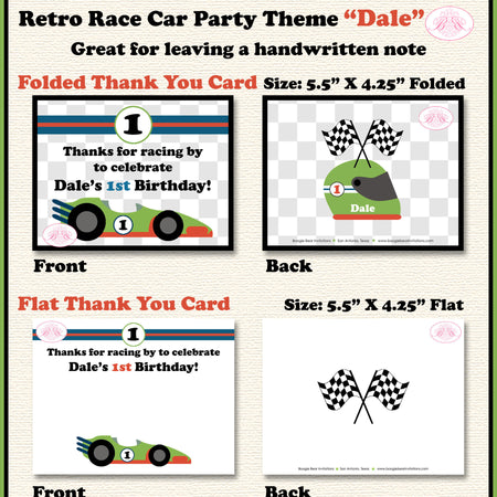 Race Car Party Thank You Card Black Birthday Boy Girl Green Blue Black Retro Grand Prix Racing Boogie Bear Invitations Dale Theme Printed