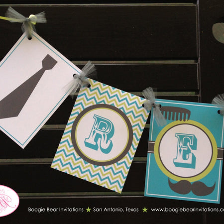 Mustache Bash Baby Shower Name Banner Ribbon Chevron Boy Lime Green Silver Blue Grey Hip Retro 1st 2nd Boogie Bear Invitations Remy Theme