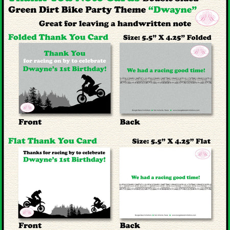 Dirt Bike Birthday Party Thank You Card Green Black Girl Boy Motocross Motorcycle Racing Race Boogie Bear Invitations Dwayne Theme Printed