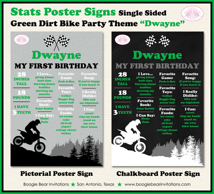 Dirt Bike Birthday Party Sign Stats Poster Flat Frameable Chalkboard Milestone Black Green Girl Boy 1st Boogie Bear Invitations Dwayne Theme