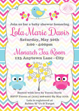 Load image into Gallery viewer, Yellow Pink Blue Owls Baby Shower Invitation Boy Girl Bird Party Birds Reveal Boogie Bear Invitations Lola Theme Paperless Printable Printed