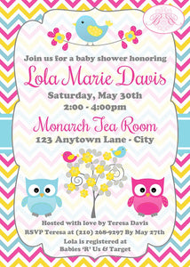 Yellow Pink Blue Owls Baby Shower Invitation Boy Girl Bird Party Birds Reveal Boogie Bear Invitations Lola Theme Paperless Printable Printed