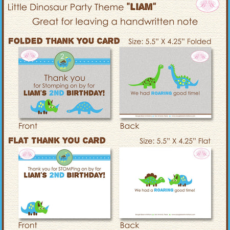 Dinosaur Birthday Party Thank You Card Favor Green Blue Brown Yellow Little Girl Boy Prehistoric Boogie Bear Invitations Liam Theme Printed